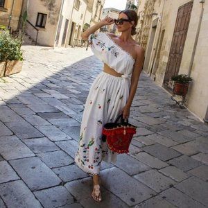 FARM RIO Embroidered One Shoulder Cutout Linen Dress